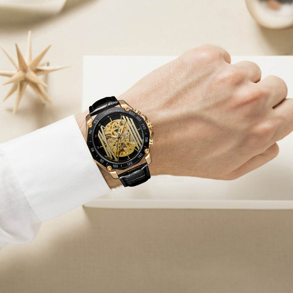 Heren Skeleton Opwind Horloge Benssens Milano Zwart goud en zilverkleurig in prachtige geschenkdoos