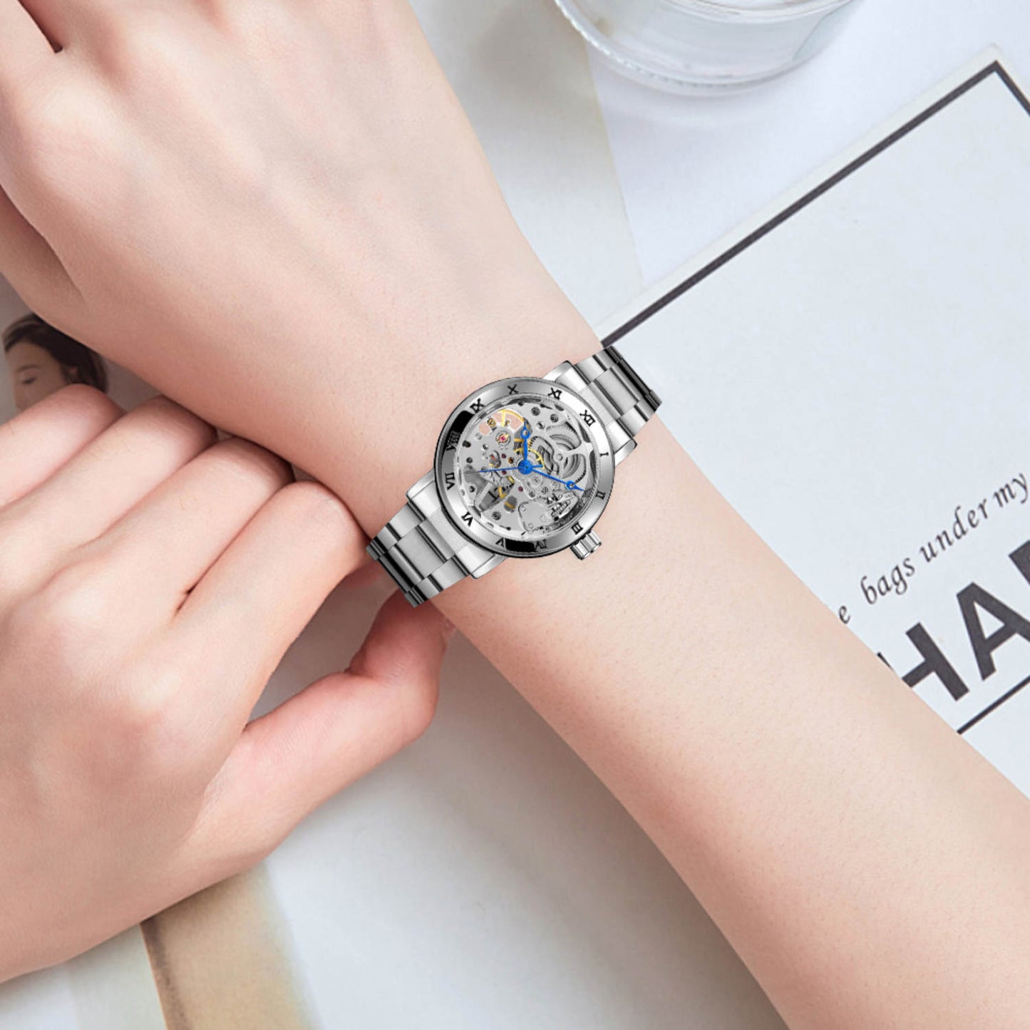 Dames Skeleton zilverkleurig opwind horloge Benssens Valencia