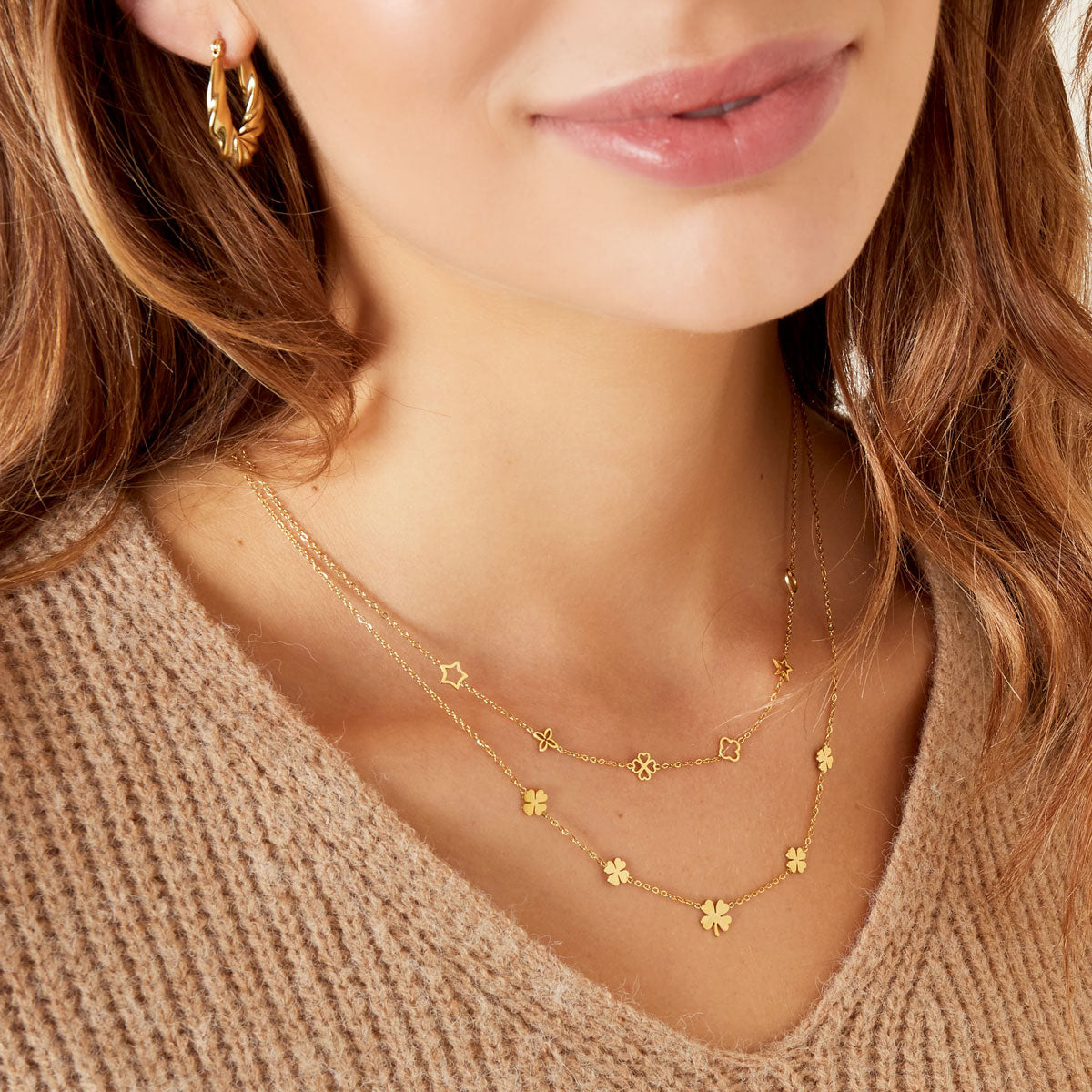 Dames Halsketting Goudkleurig Stainless Steel met 5 Klavertjes Vier 45+5Cm Maribelle