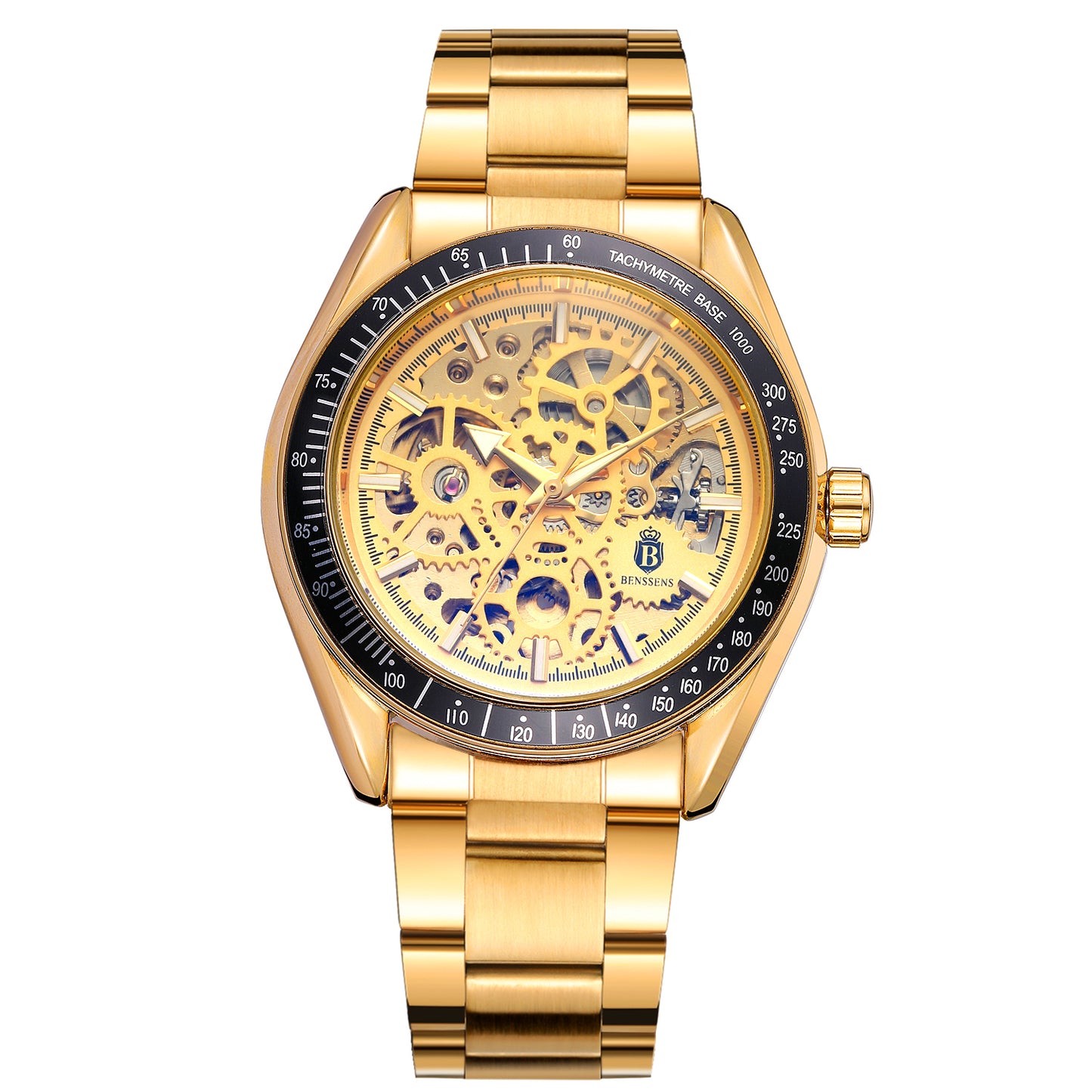 Heren Horloge Benssens goudkleurig Stainless Steel opwindbaar Skeleton met Glow in the dark wijzers Florence