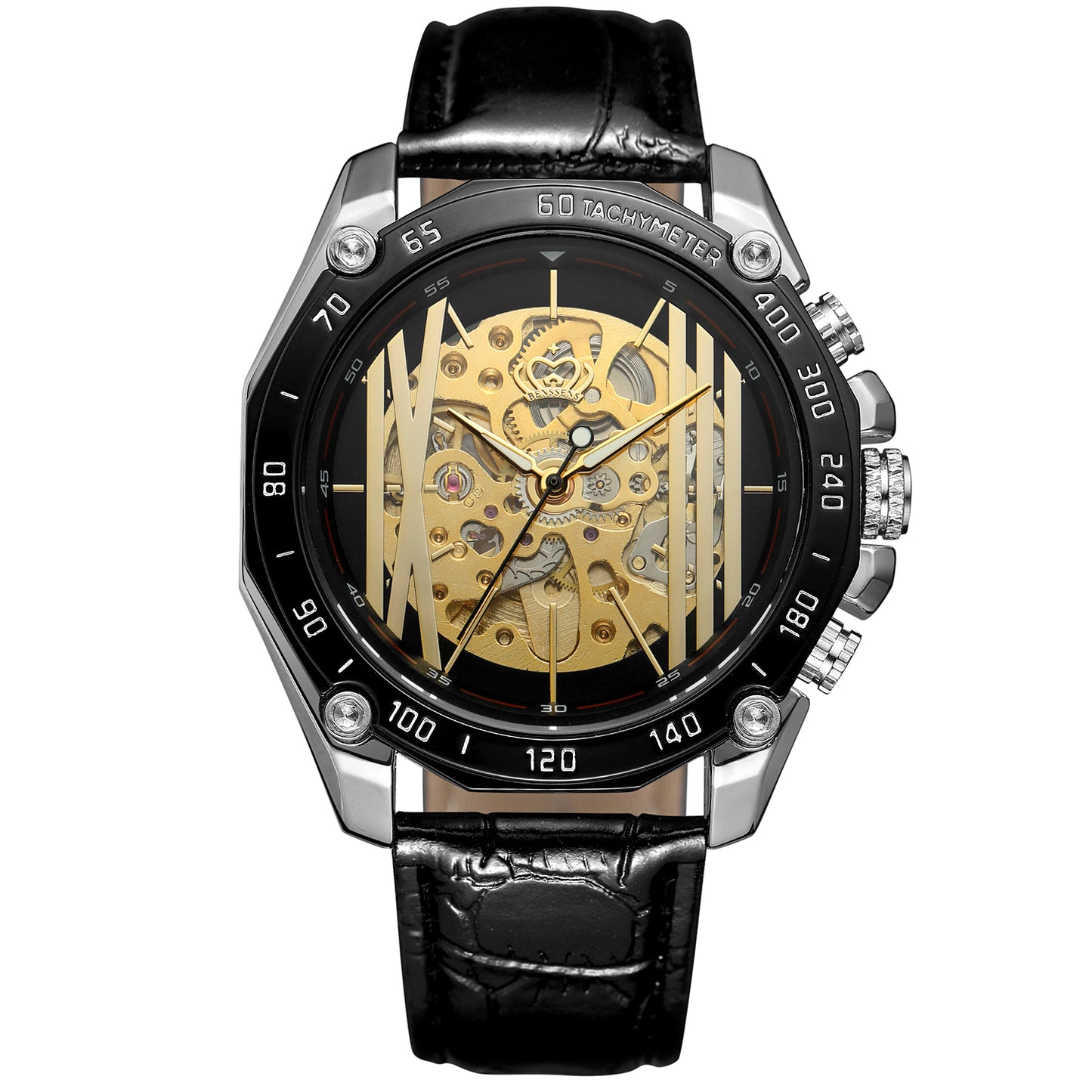 Heren Skeleton Opwind Horloge Benssens Milano Zwart goud en zilverkleurig in prachtige geschenkdoos