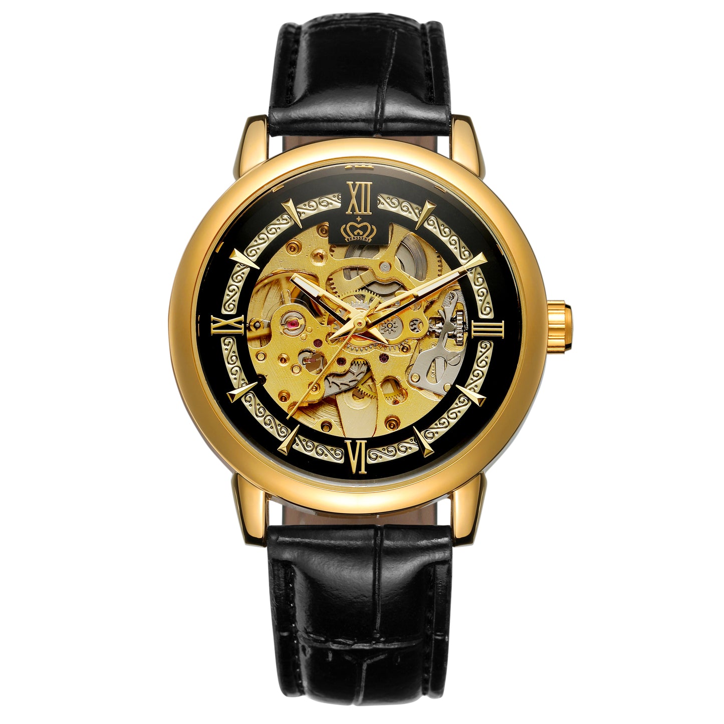 Heren Skeleton opwind goudkleurig horloge van Benssens met zwarte leren band