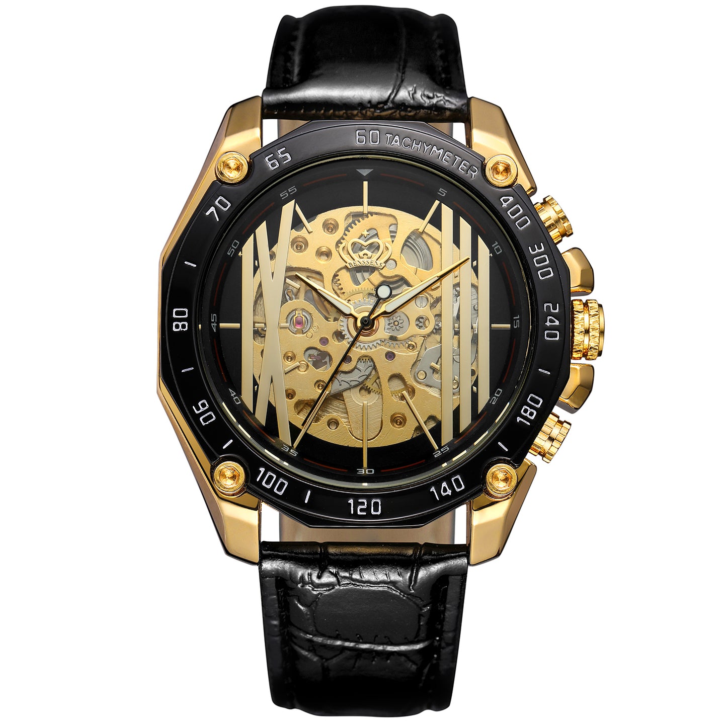 Heren Sieraden Geschenkset goudkleurig met Benssens Kaarthouder Armband Riem en Skeleton Horloge Levi
