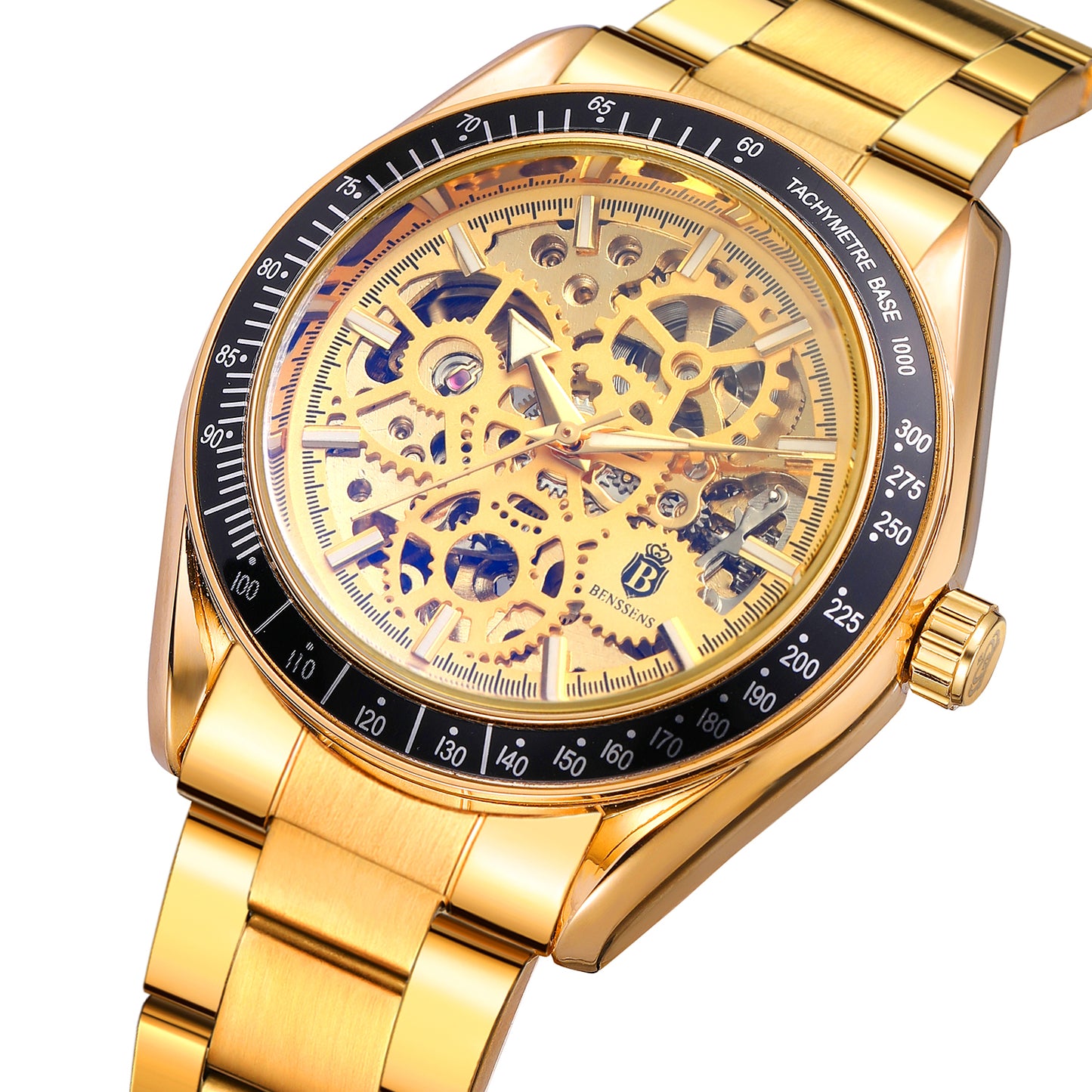 Heren Horloge Benssens goudkleurig Stainless Steel opwindbaar Skeleton met Glow in the dark wijzers Florence