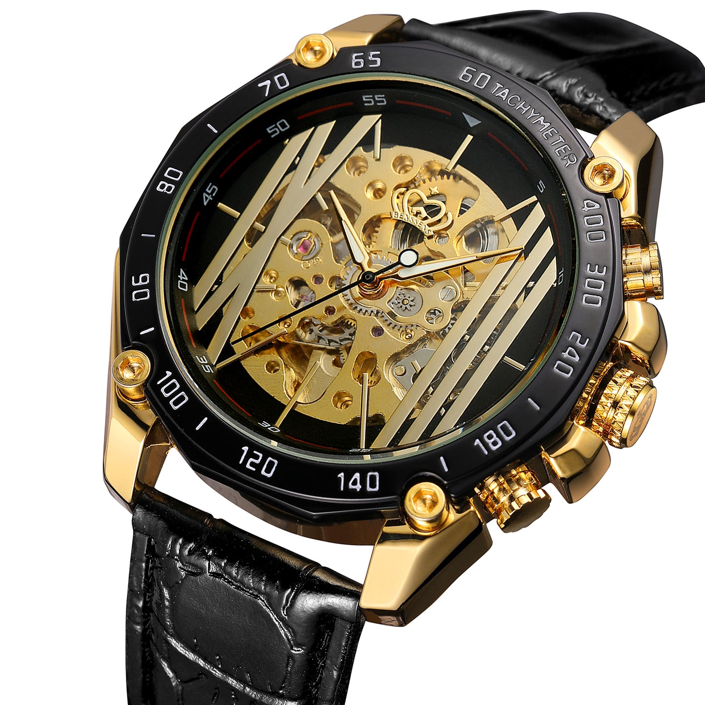 Heren Opwind Horloge Skeleton Benssens Goudkleurig met leren band