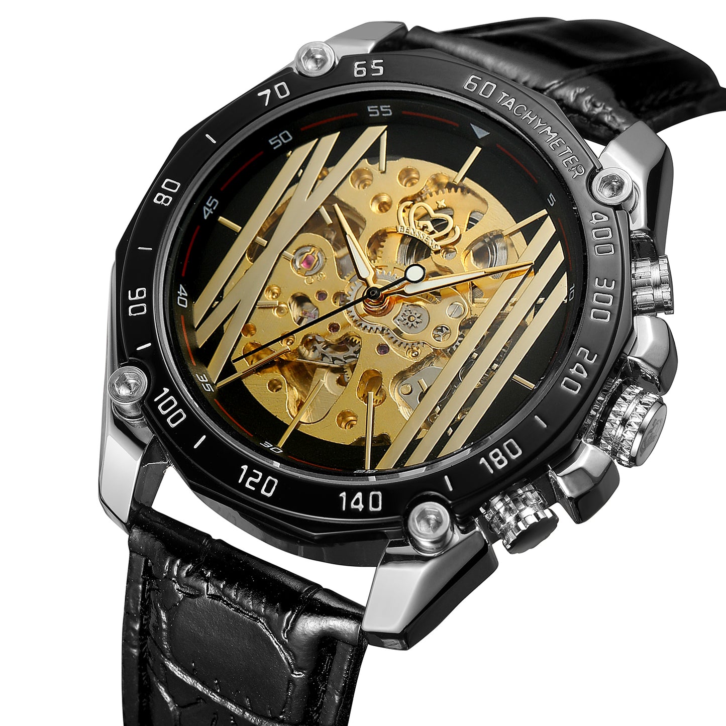 Heren Skeleton Opwind Horloge Benssens Milano Zwart goud en zilverkleurig in prachtige geschenkdoos
