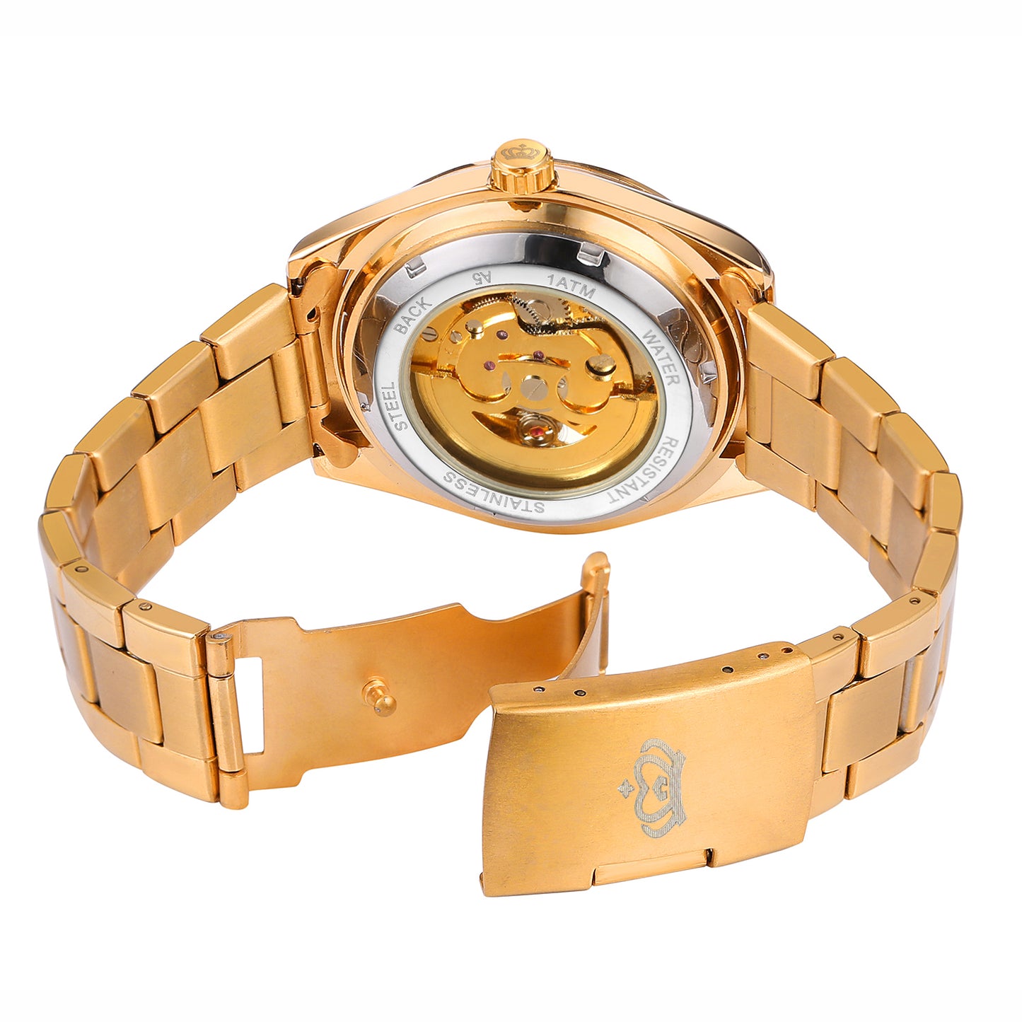Heren Horloge Benssens goudkleurig Stainless Steel opwindbaar Skeleton met Glow in the dark wijzers Florence