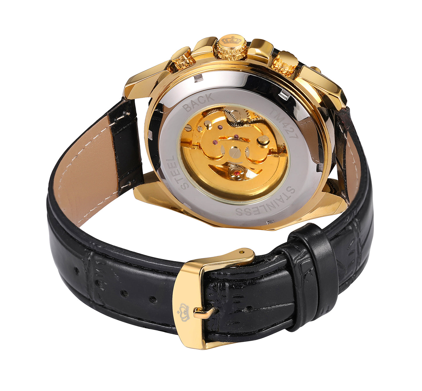 Heren Opwind Horloge Skeleton Benssens Goudkleurig met leren band