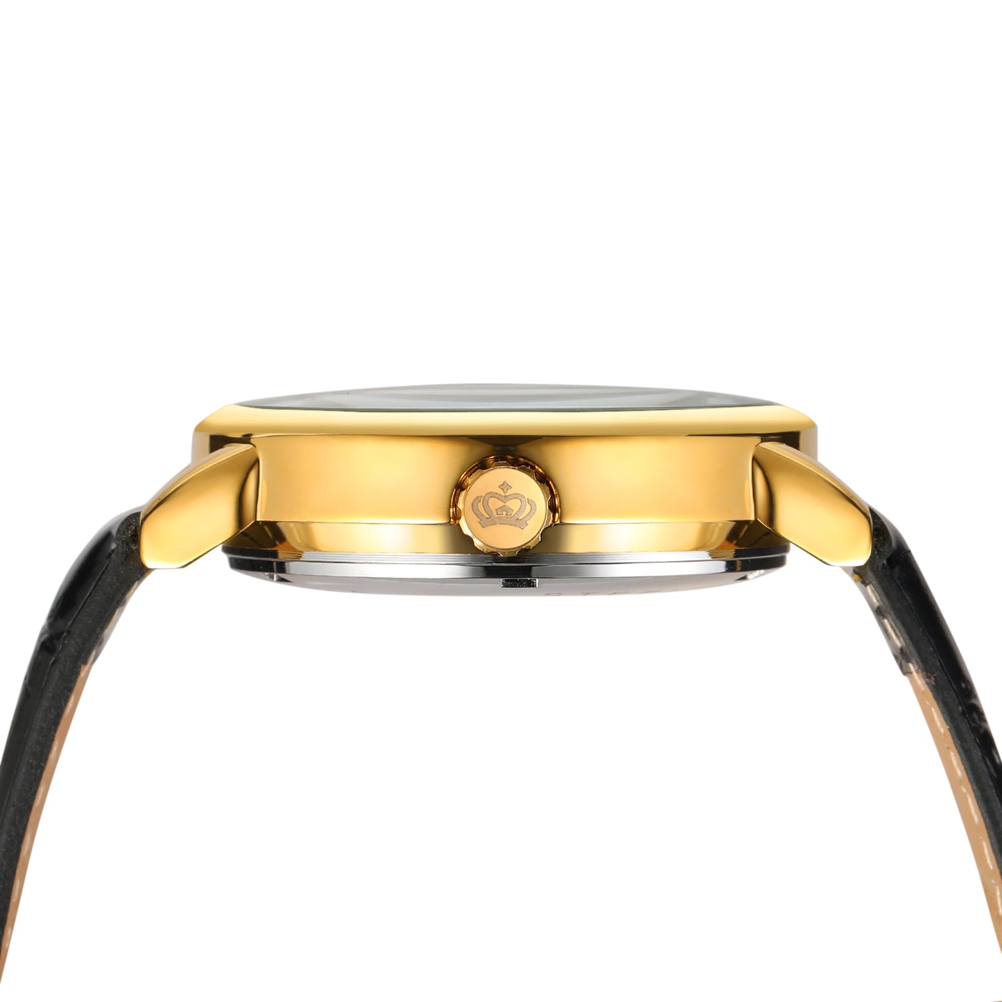 Heren Skeleton opwind goudkleurig horloge van Benssens met zwarte leren band