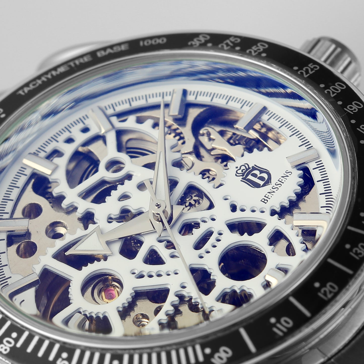 Heren Horloge Benssens Zilver Kleurig Opwindbaar Skeleton met Glow in the Dark Wijzers Florence
