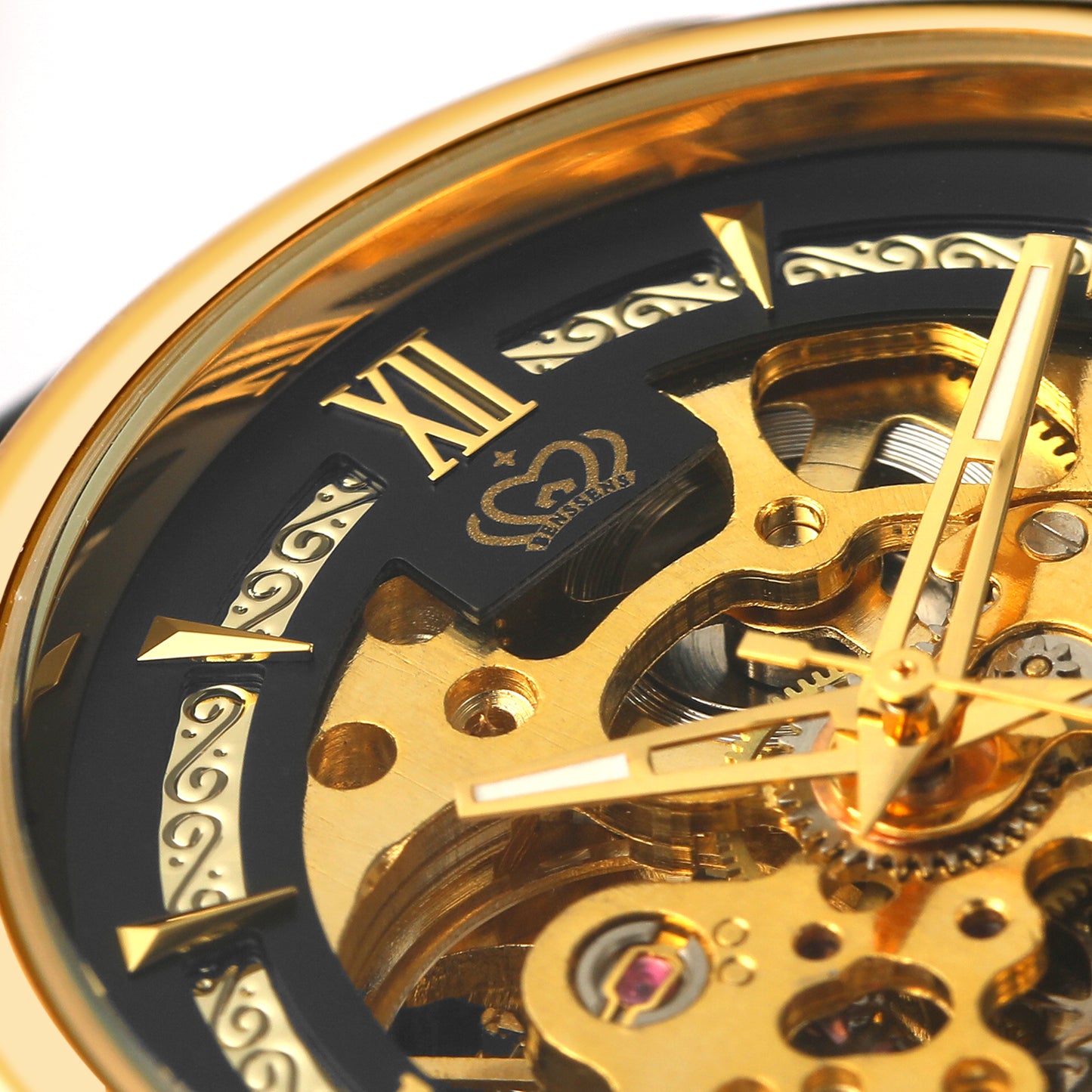 Heren Skeleton opwind goudkleurig horloge van Benssens met zwarte leren band