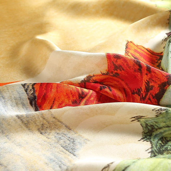 Dames Sjaal Groen Oranje Creme met Abstract Motief 180 Cm Sofie Sjaal
