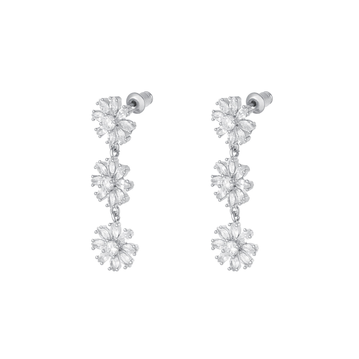 Dames Oorbel Zilverkleurig met Drie bloemetjes en Witte Zirkonia Steentjes 4.5 Cm Livia