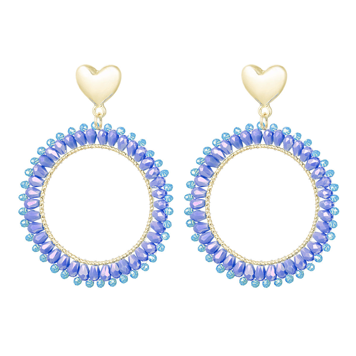 Dames Oorbellen met Blauwe Kristalkralen en Goud Hartje 5,9 Cm Elvira