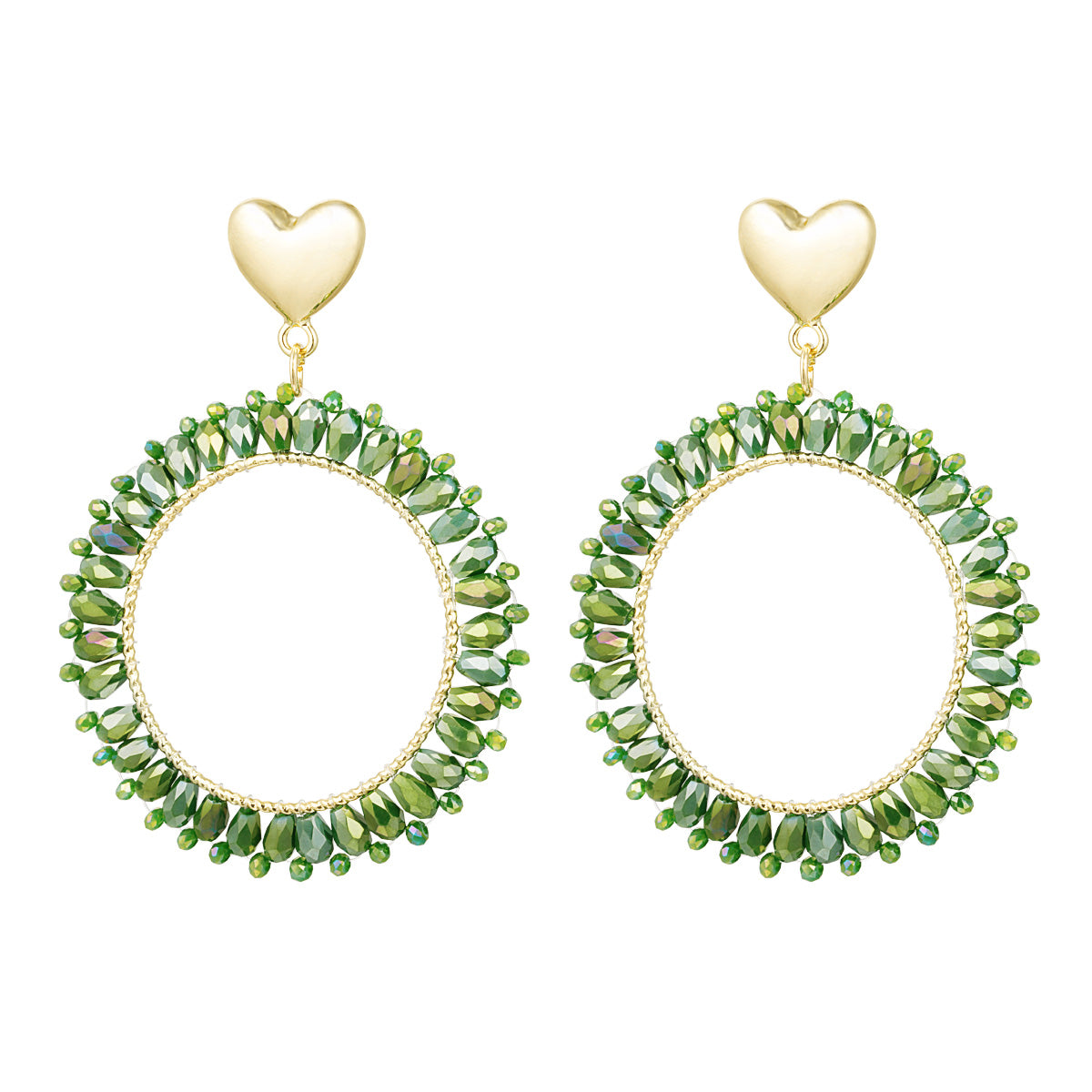 Dames Oorbellen met Groene Kristalkralen en Goud Hartje 5,9 Cm Elvira