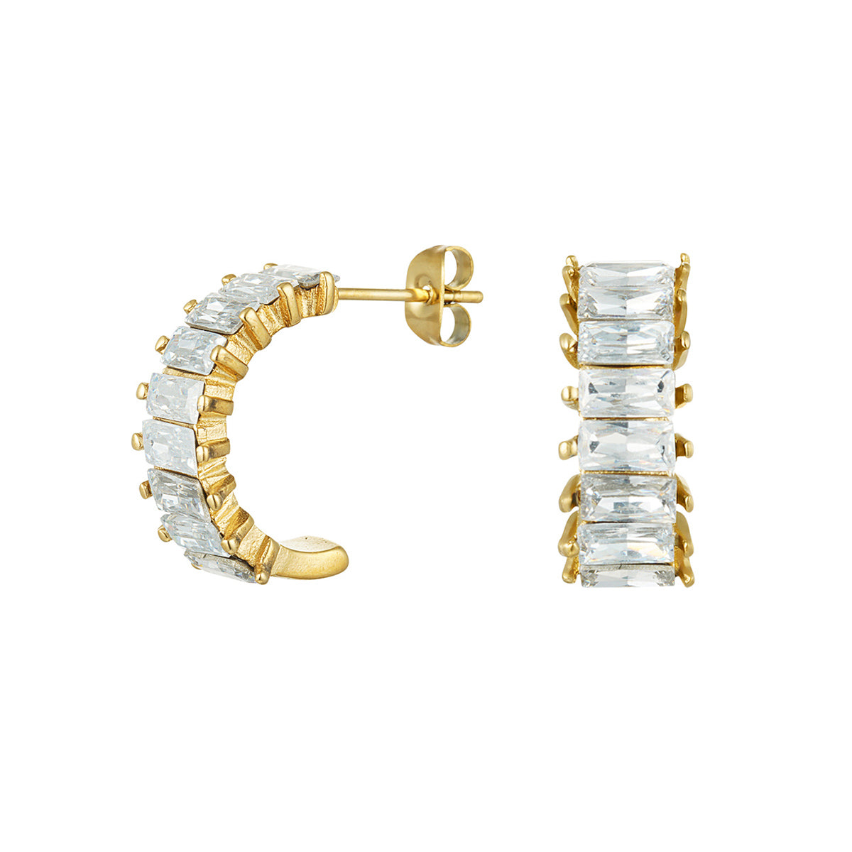Dames Oorbellen Stainless Steel Goudkleurig met Zirconia Steentjes Half rond Roos