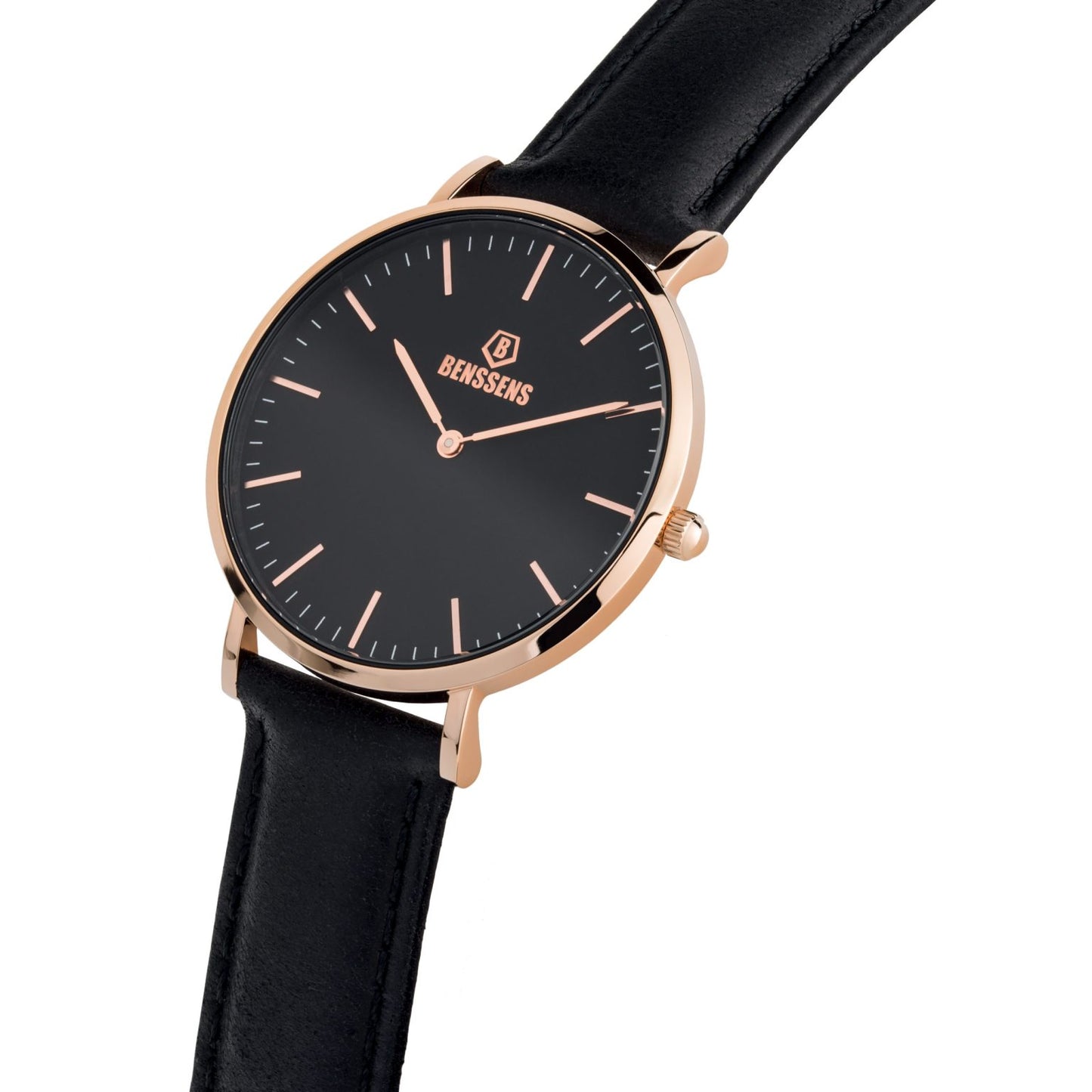 Benssen Dames Polshorloge - Klassiek Design, Quartz Uurwerk, Analoge Wijzerplaat, Waterbestendigheid en Zwart Leren Bandje"