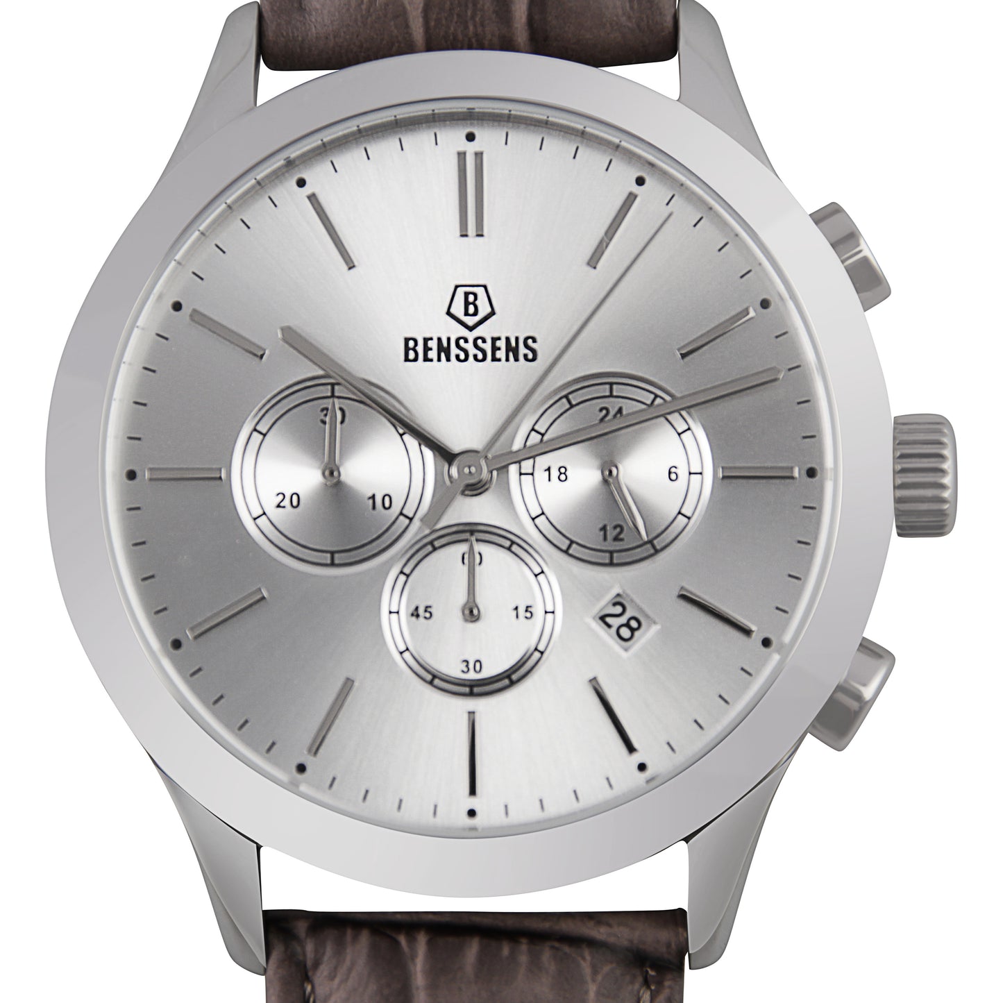 Heren Quartz Horloge Benssens Monaco Grey met Datumnotatie Zilverkleurig met Grijs Echt Lederen Bandje.