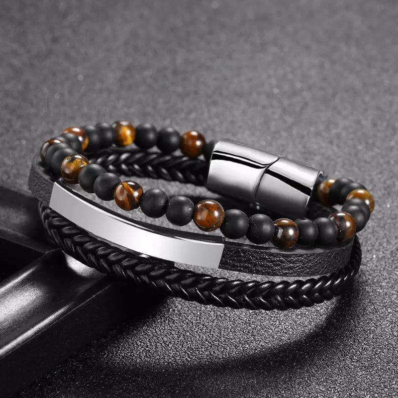 Heren Lederen Armband met Vulkanische Kralen Zilver Zwart met Magnetische Sluiting 21Cm Casimo
