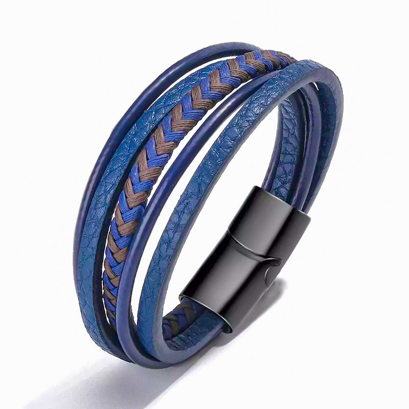 Heren Lederen Armband Blauw Zwart met Magnetische Sluiting 21Cm Leone