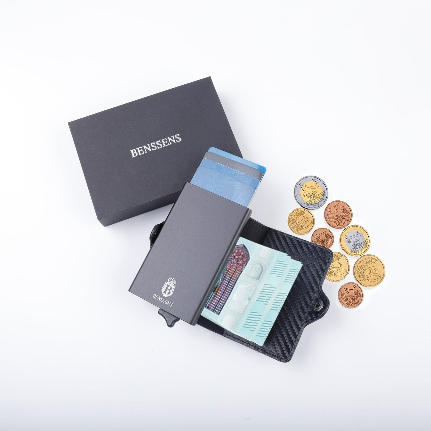 Kaarthouder Benssens In luxe verpakking Met 6 uitschuifbare Debit/Creditcards 2 vakjes en Ruimte voor Briefgeld en Kleingeld, RFID geblocked