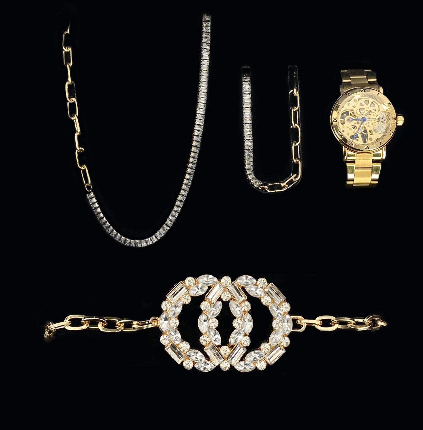Dames Sieraden Geschenkset met Halsketting Armband Taille Riem en Skeleton Horloge