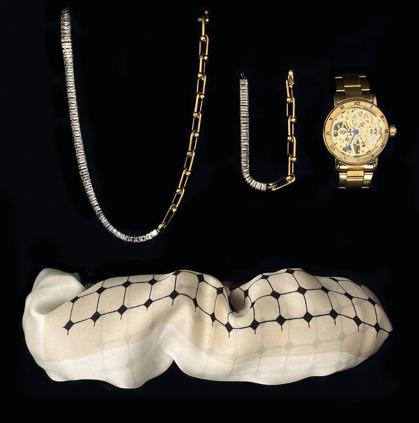Dames Sieraden Nava Geschenkset met Sjaal Armband Oorbellen Halsketting en Skeleton Horloge