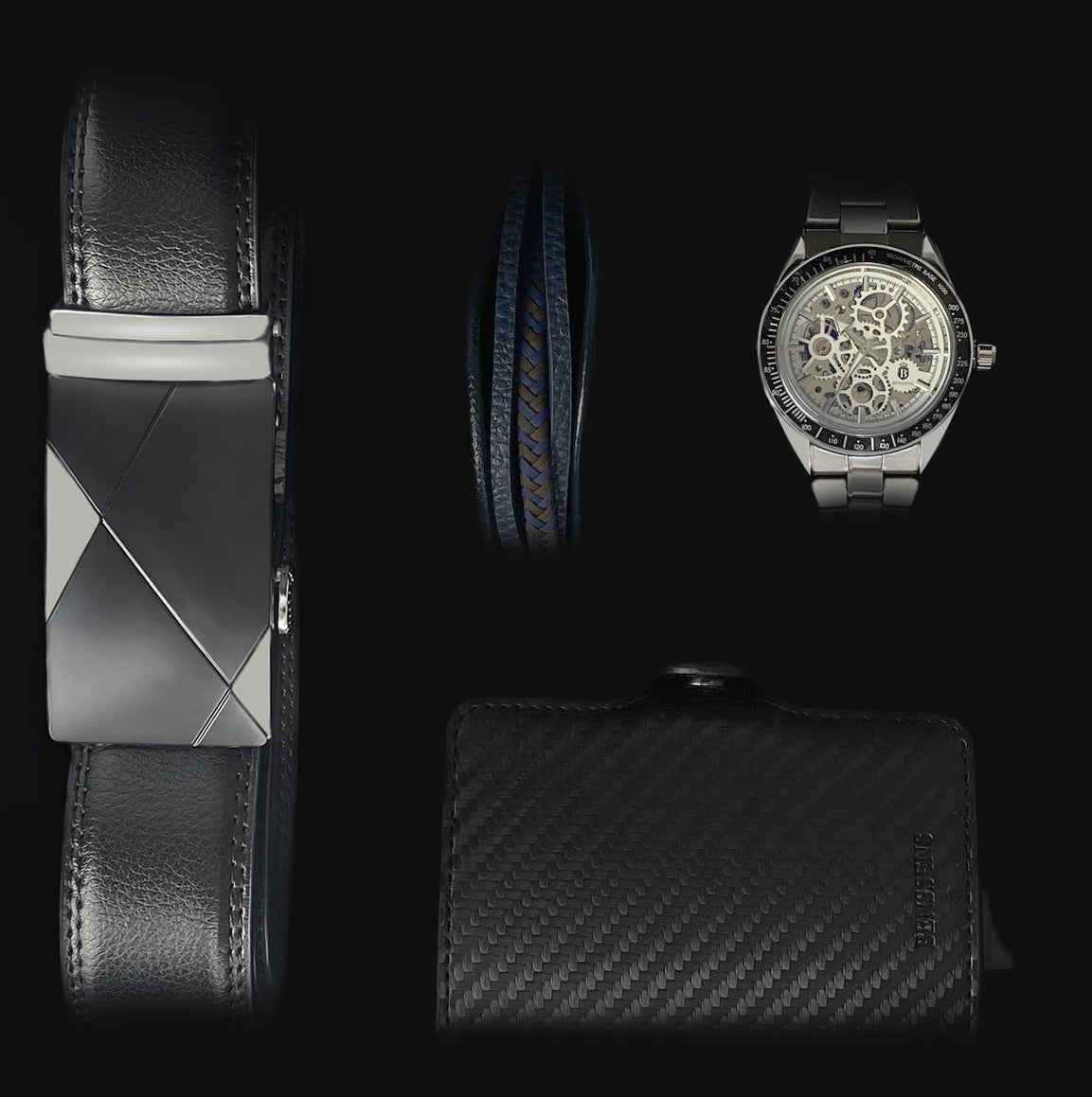 Heren Sieraden Geschenkset Silverio Zwart Zilverkleurig met Benssens Kaarthouder Armband Riem en Skeleton Horloge