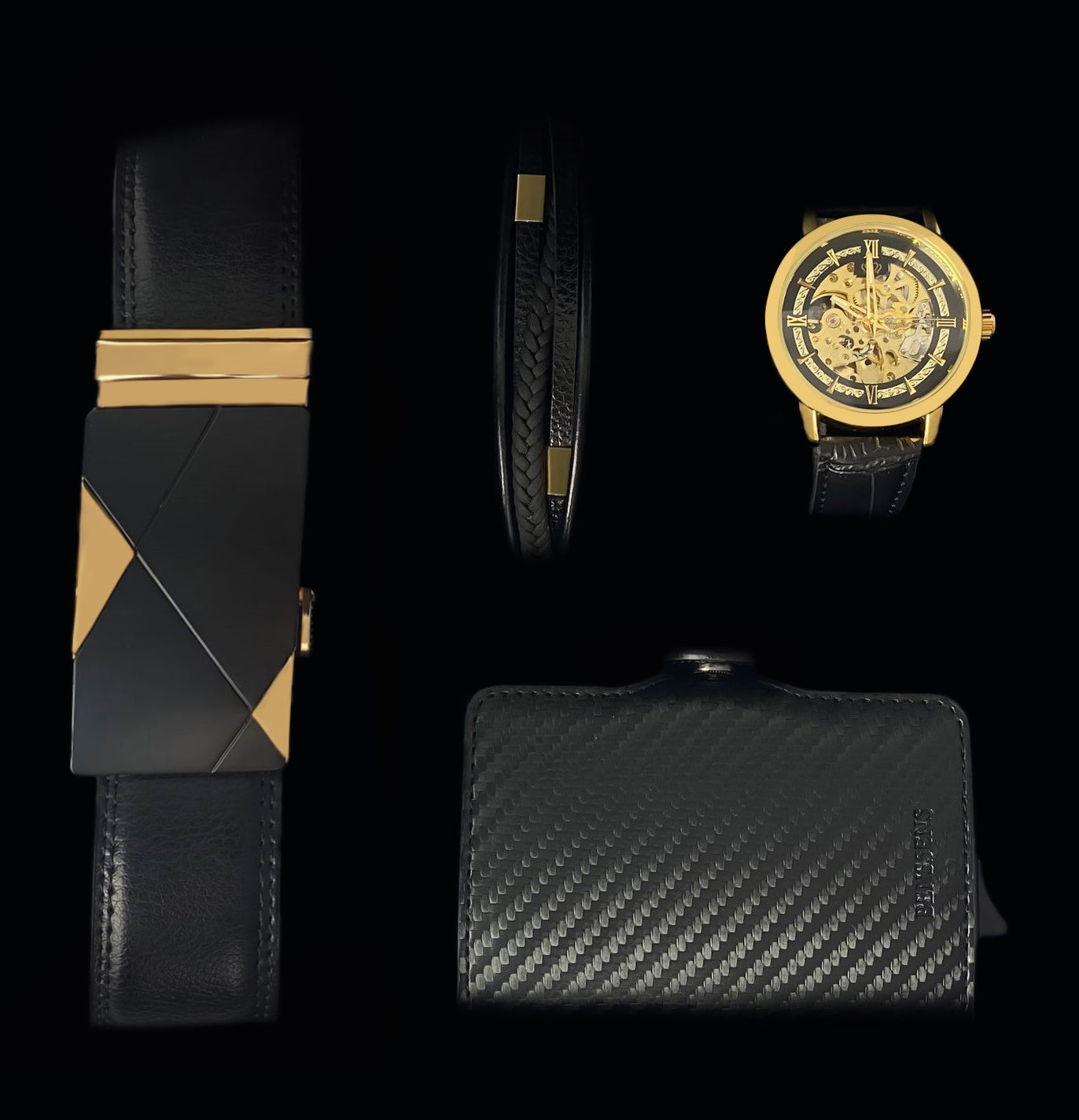 Heren Sieraden Geschenkset met Benssens Kaarthouder Armband Riem en Skeleton Horloge