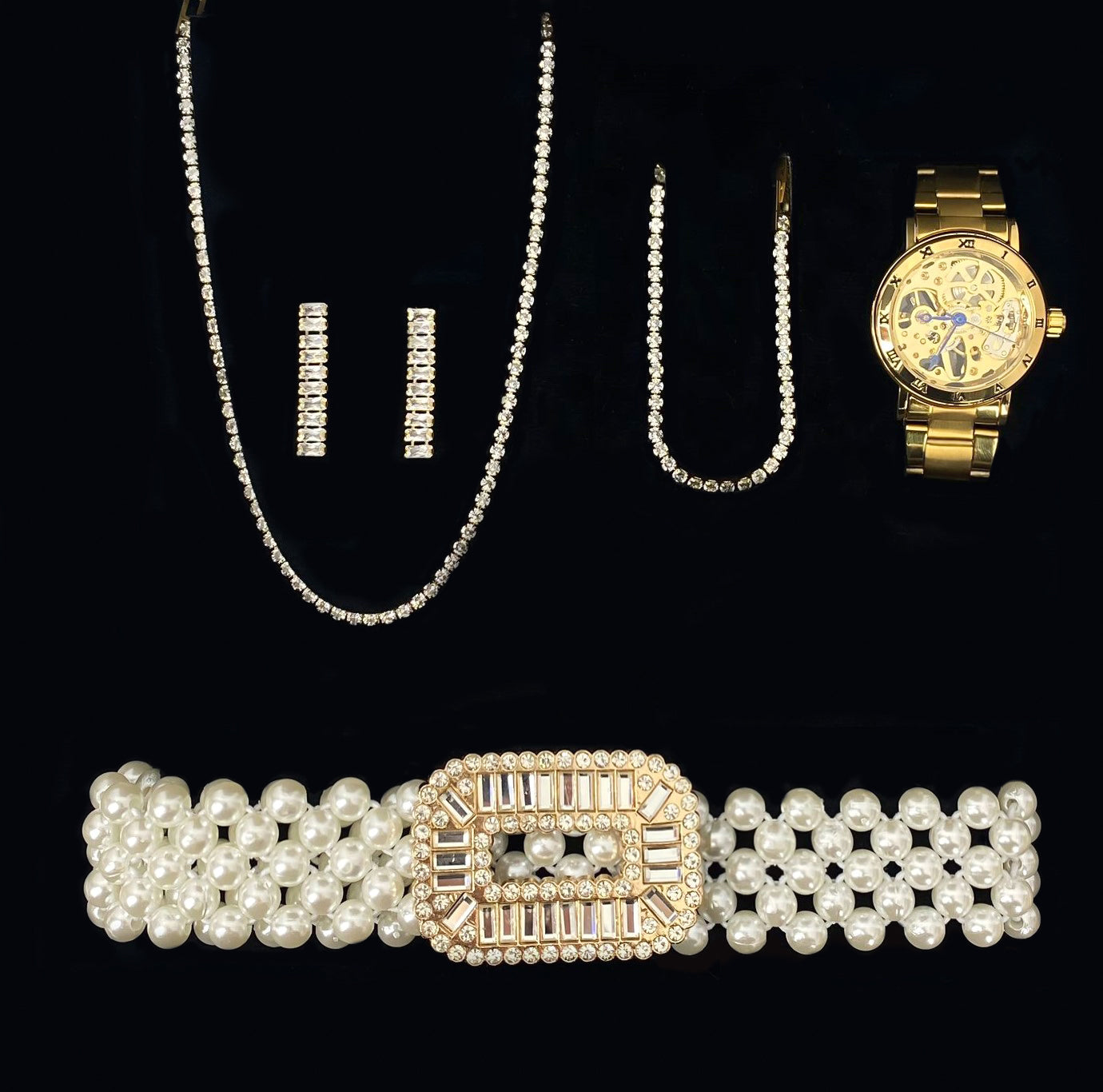 Dames Sieraden Geschenkset Rasha met Halsketting Armband Taille Parel Riem en Skeleton Benssens Horloge
