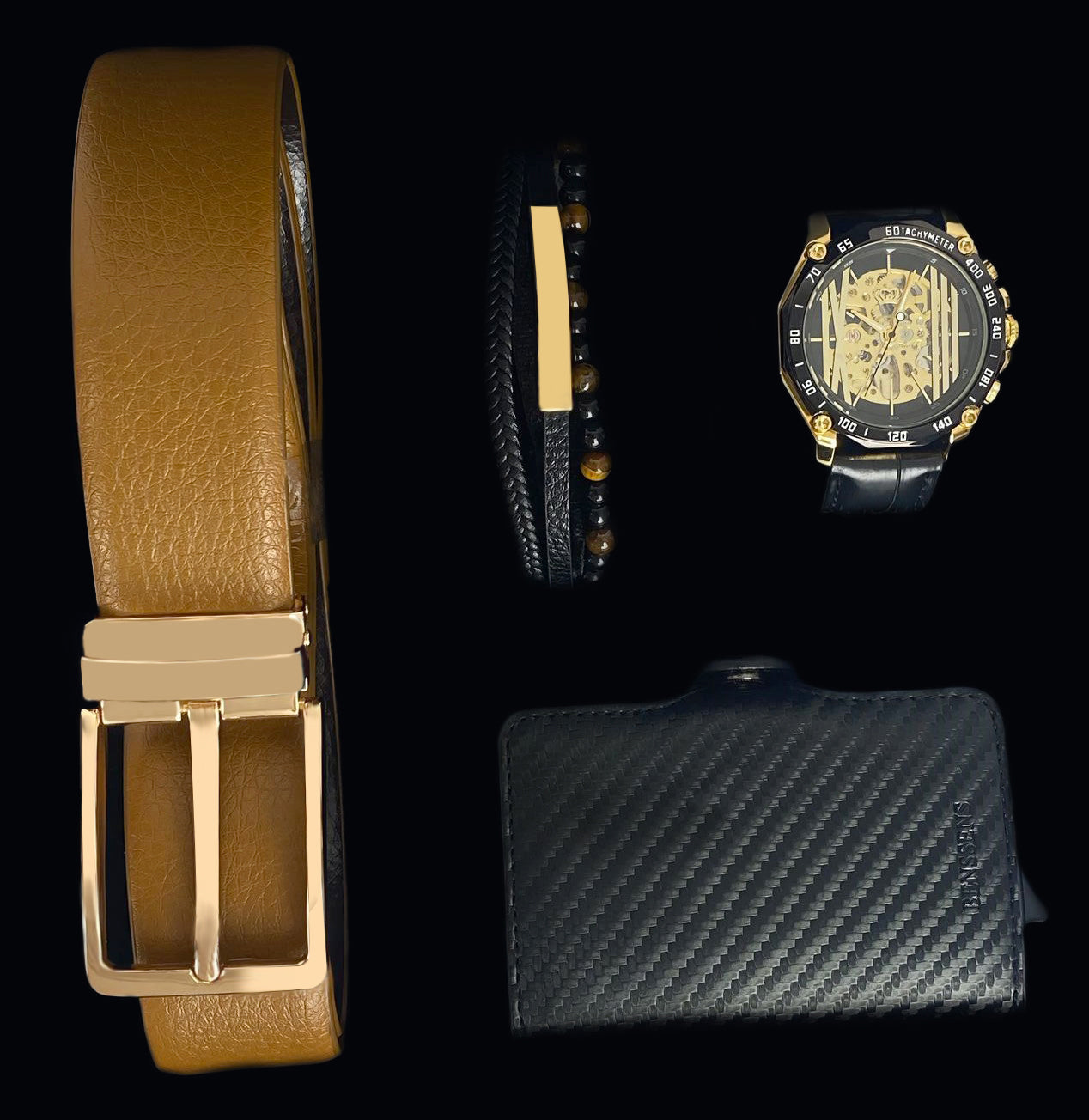 Heren Sieraden Geschenkset goudkleurig met Benssens Kaarthouder Armband Riem en Skeleton Horloge Casimiro