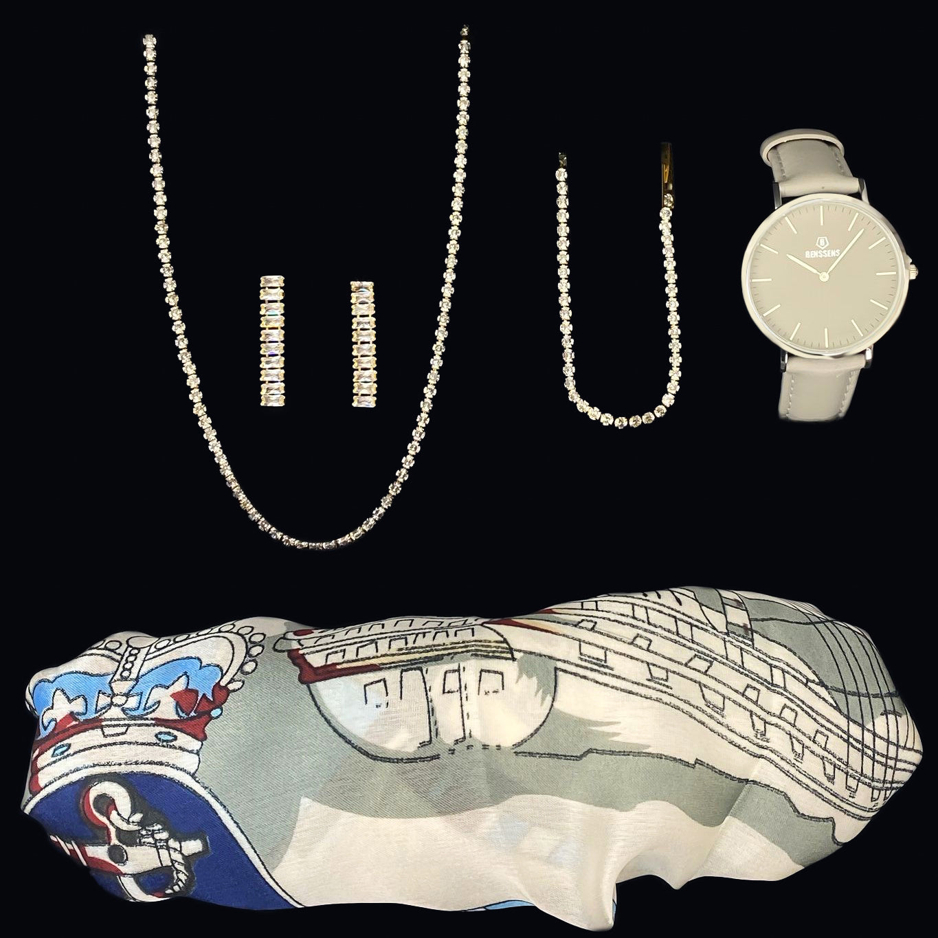 Dames Sieraden Geschenkset met Sjaal Armband Oorbellen Halsketting en Skeleton Horloge Set Britt