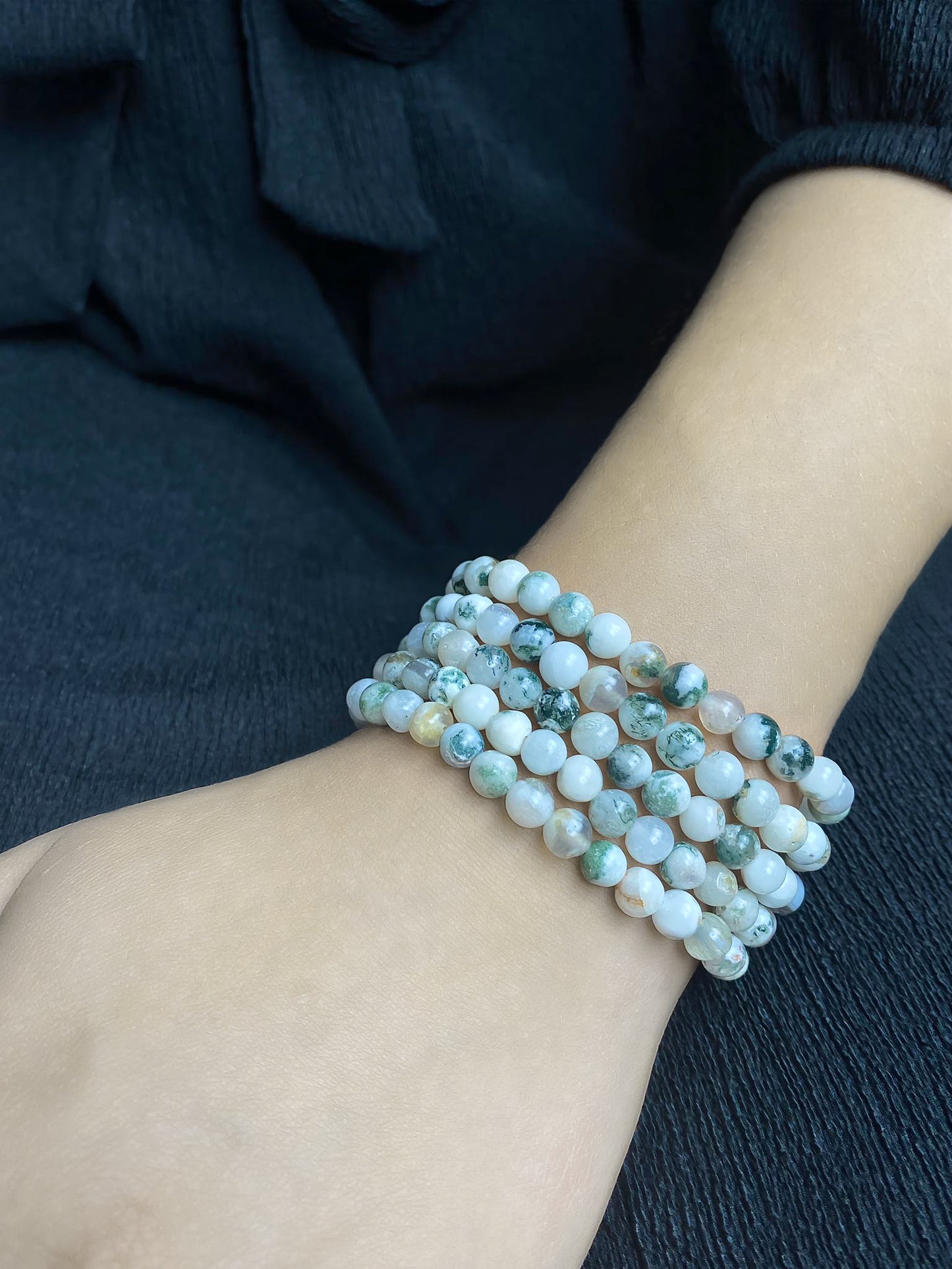 Dames Elastisch Armband Met Boom Agaat Wit Groen 19cm