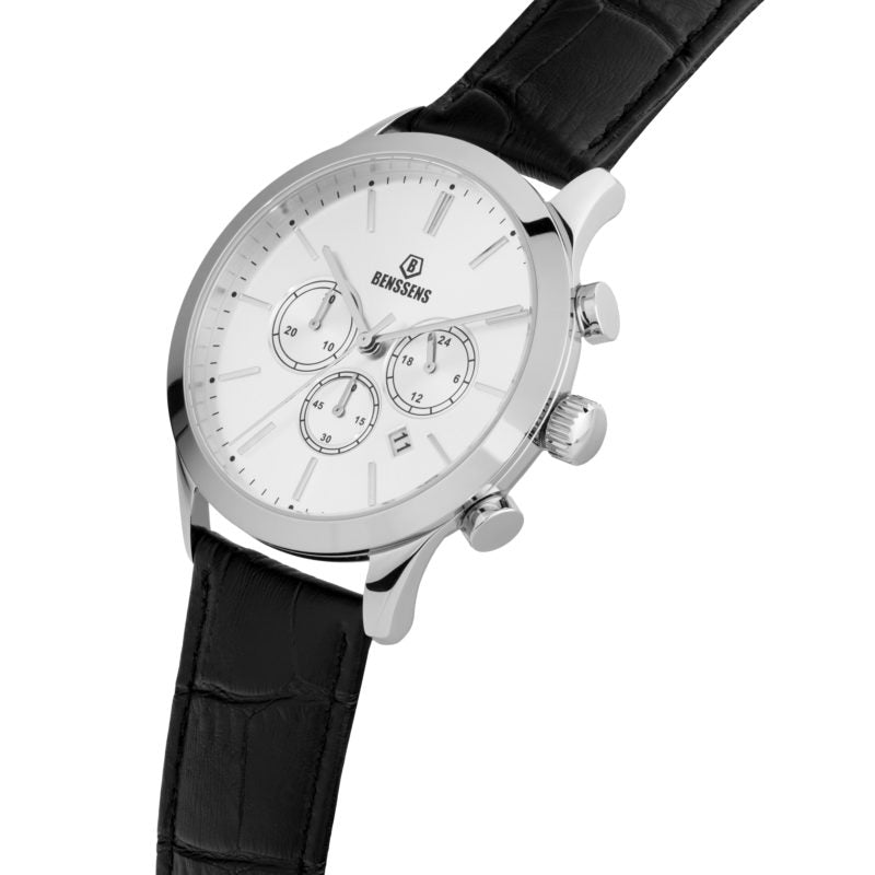 Heren Quartz Horloge Benssens Monaco met datumnotatie zilverkleurig met echt leren bandje.