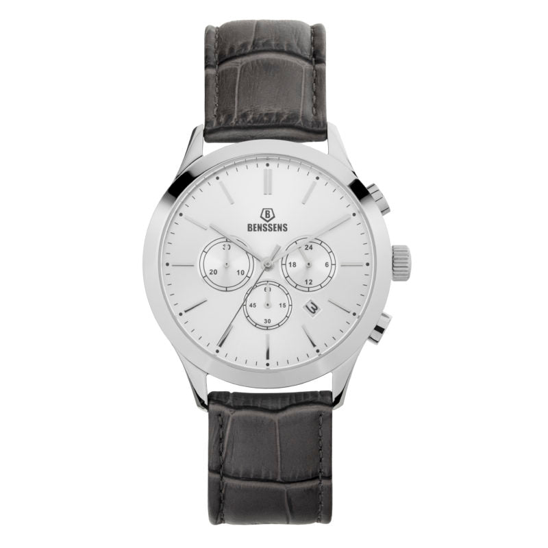 Heren Quartz Horloge Benssens Monaco Grey met Datumnotatie Zilverkleurig met Grijs Echt Lederen Bandje.