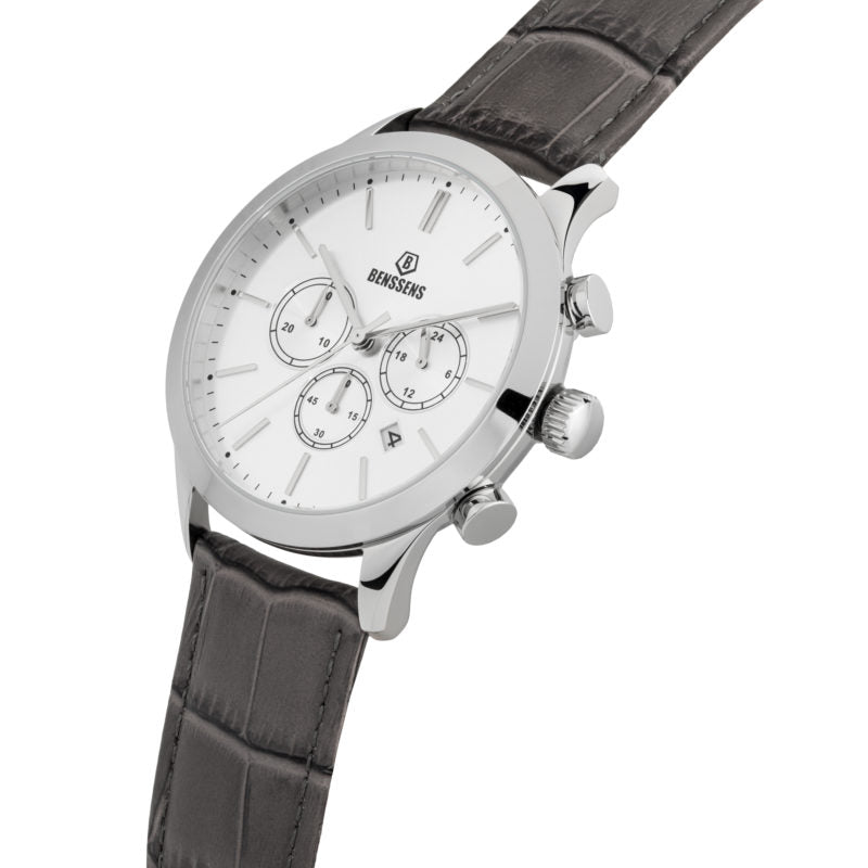 Heren Quartz Horloge Benssens Monaco Grey met Datumnotatie Zilverkleurig met Grijs Echt Lederen Bandje.