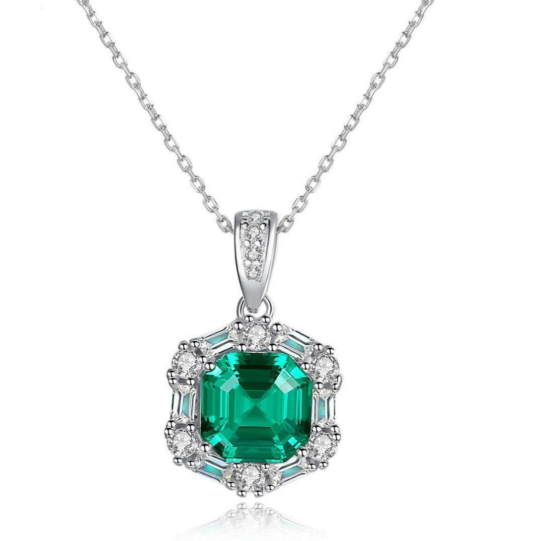 Dames Halsketting 925 Sterling Zilver met Groene Smaragd Edelsteen Hanger en Zirconia Steentjes 40+5Cm Elsa