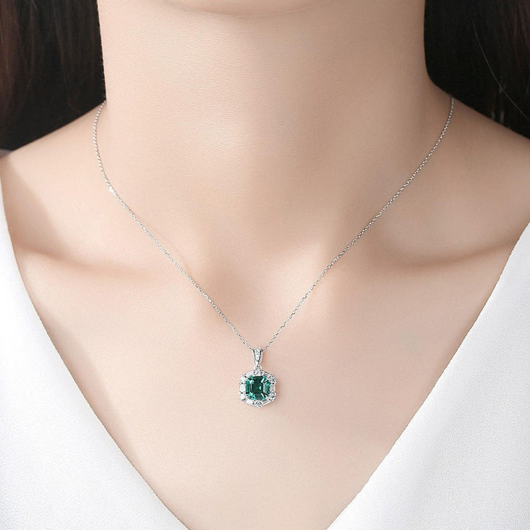 Dames Halsketting 925 Sterling Zilver met Groene Smaragd Edelsteen Hanger en Zirconia Steentjes 40+5Cm Elsa