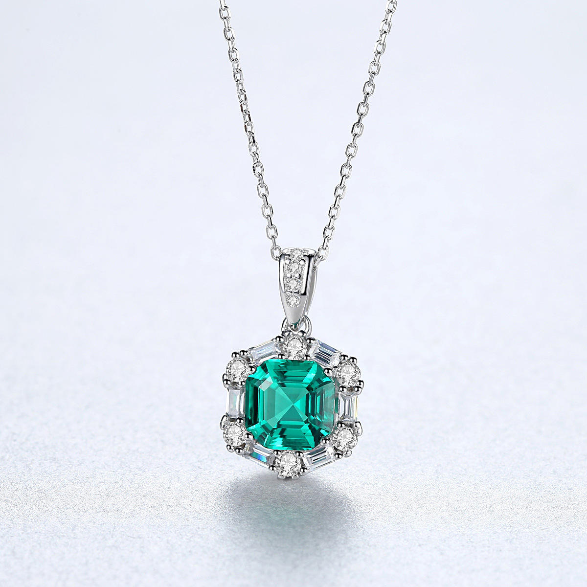 Dames Halsketting 925 Sterling Zilver met Groene Smaragd Edelsteen Hanger en Zirconia Steentjes 40+5Cm Elsa