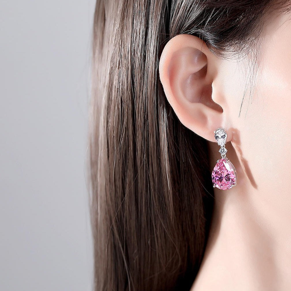 Dames Oorbel Zilver met Roze Gemstone en Witte Zircon Edelstenen