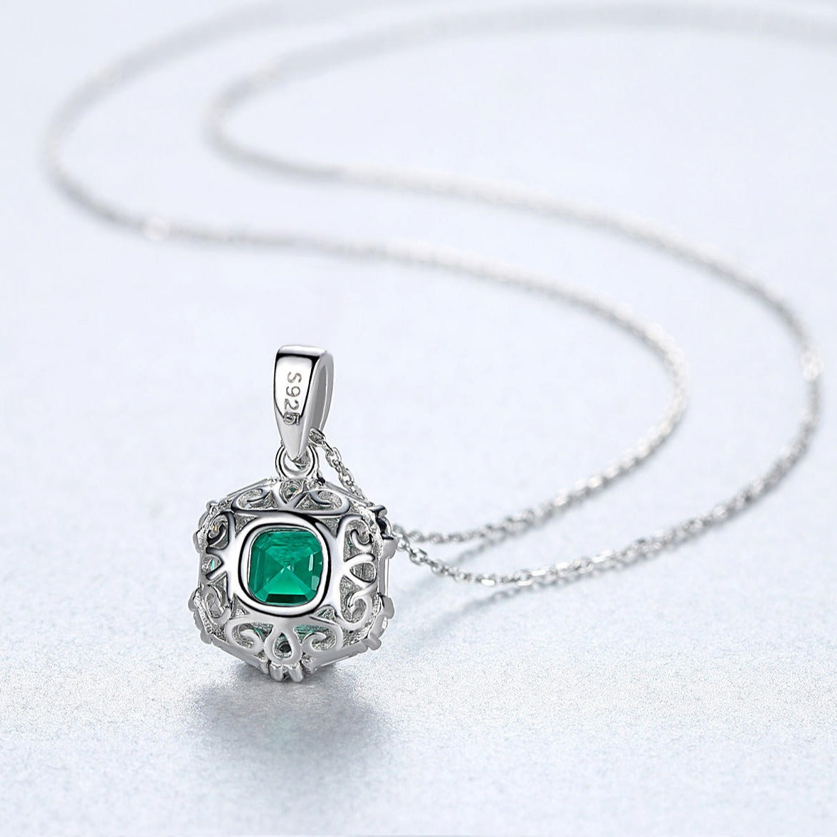Dames Halsketting 925 Sterling Zilver met Groene Smaragd Edelsteen Hanger en Zirconia Steentjes 40+5Cm Elsa