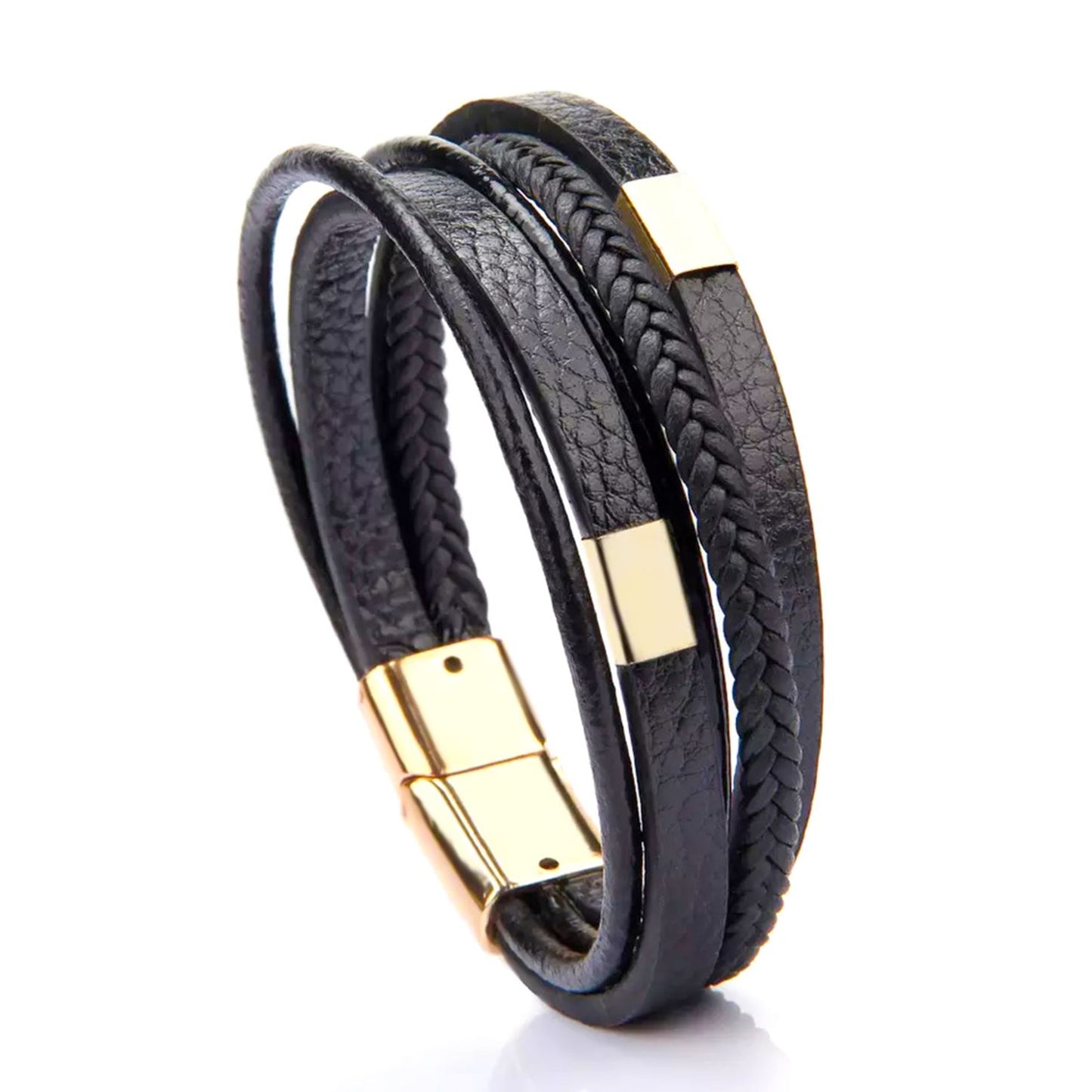 Heren Armband Echt Leer Zwart en Goud met Magnetische Sluiting 21 Cm Matteo