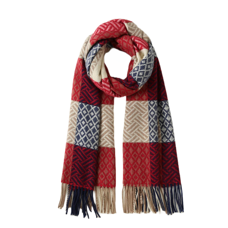 Dames Sjaal Kasjmier Geruit Rood Wit Blauw 190 Cm Delara