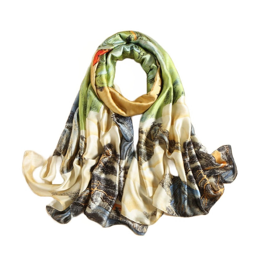 Dames Sjaal Groen Oranje Creme met Abstract Motief 180 Cm Sofie Sjaal