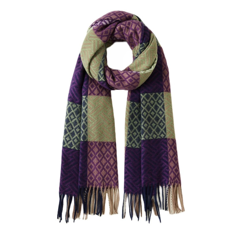 Dames Sjaal Kasjmier Geruit Paars Wit Blauw 190 Cm