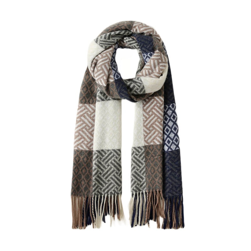 Geruite Kasjmier Sjaal - Zacht en Warm - Bruin, Blauw, Wit en Grijs - Maat 70 x 190 cm - 230 g"