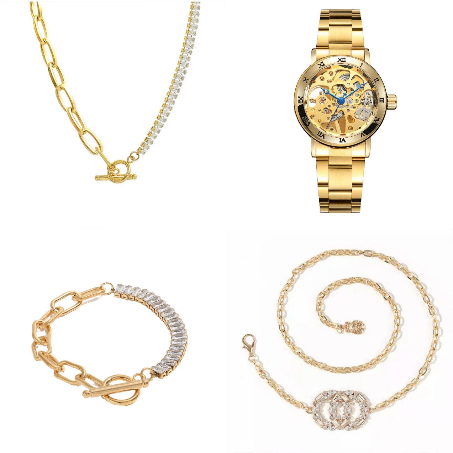 Dames Sieraden Geschenkset met Halsketting Armband Taille Riem en Skeleton Horloge