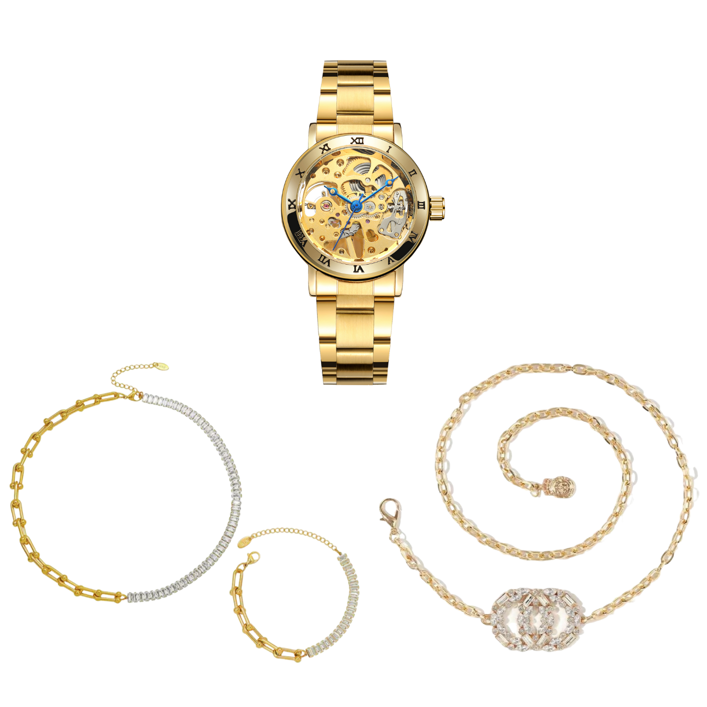 Dames Sieraden Geschenkset Novah met Halsketting Armband Parel Taille Riem en Skeleton Horloge