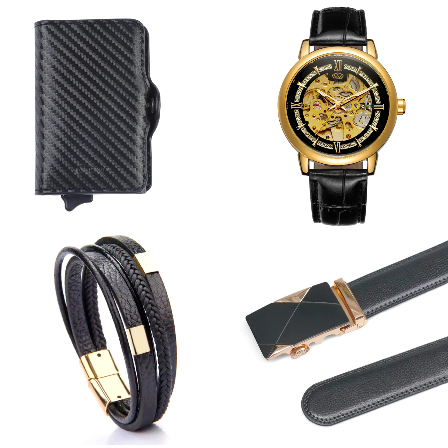 Heren Sieraden Geschenkset met Benssens Kaarthouder Armband Riem en Skeleton Horloge