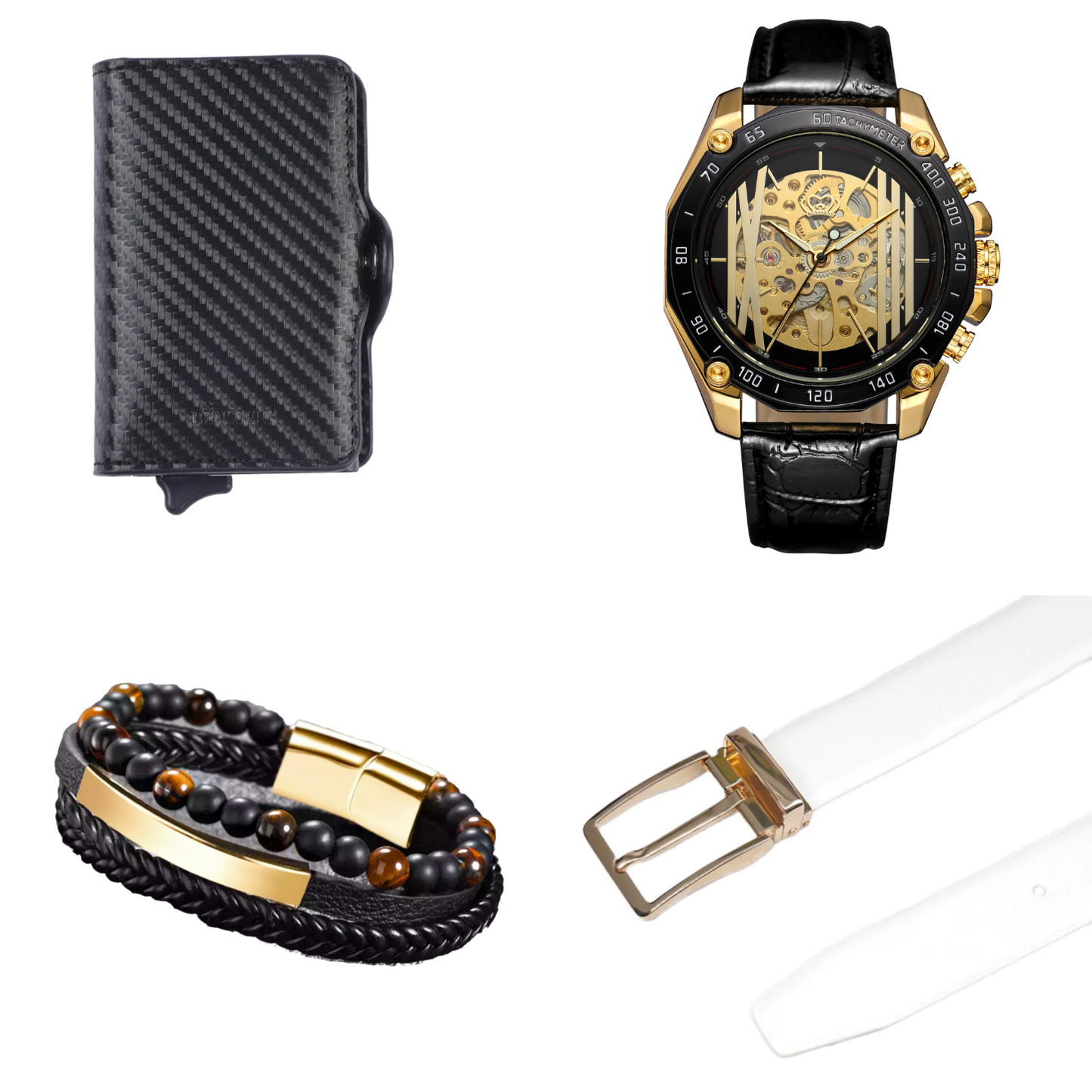 Heren Sieraden Geschenkset met Benssens Kaarthouder Armband Riem en Skeleton Horloge